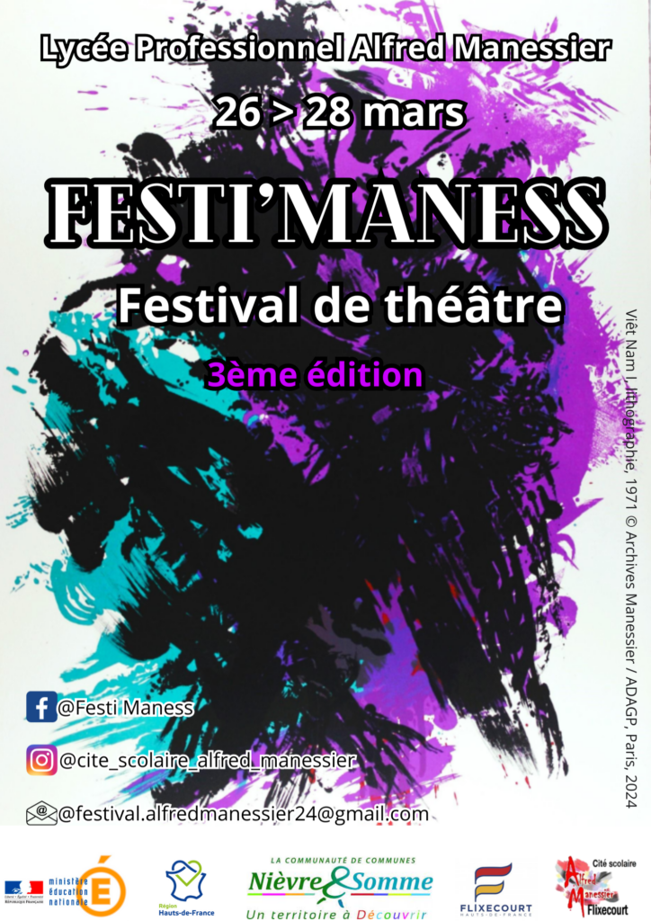 Affiche de présentation du festival de théâtre Festi'Maness précisant les dates et les différents partenaires. 